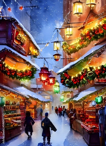 The Christmas market is bustling with people, all eager to find the perfect gifts for their loved ones. The smell of roasted chestnuts and gingerbread fills the air, making everyone feel warm and fest