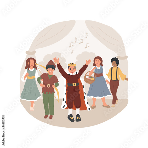 Group performance on stage isolated cartoon vector illustration. Children perform musical on stage, theatre play, group of kids sing and dance, drama school, wearing costume vector cartoon.