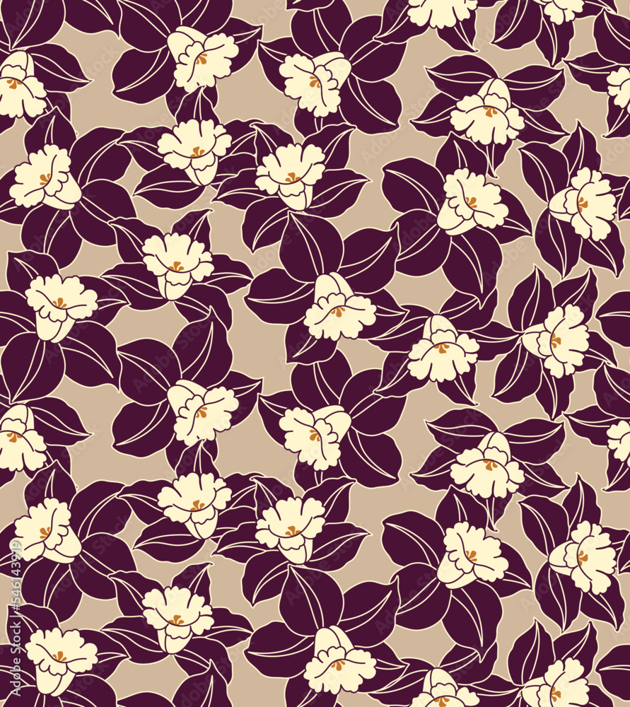 Obraz premium Japanese Art Orchid Flower Vector Seamless Pattern