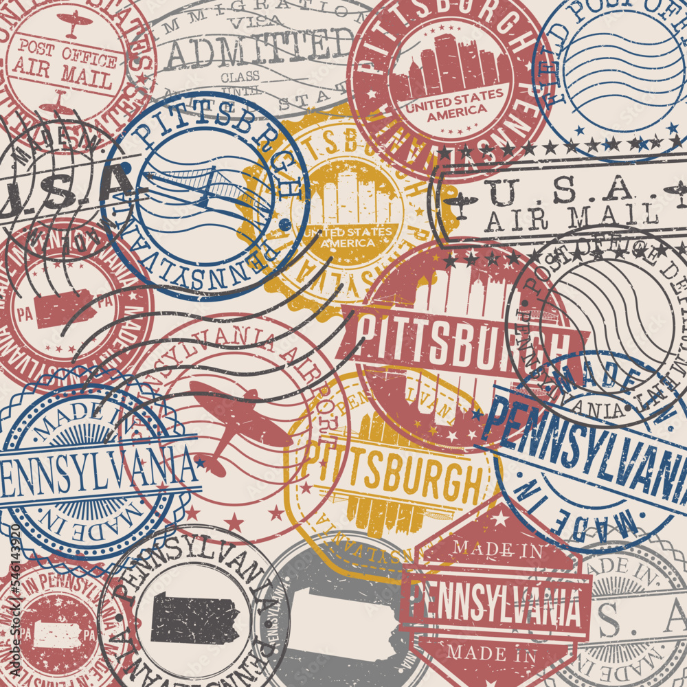 Pittsburgh, PA, USA Set of Stamps. Travel Stamp. Made In Product. Design Seals Old Style Insignia.