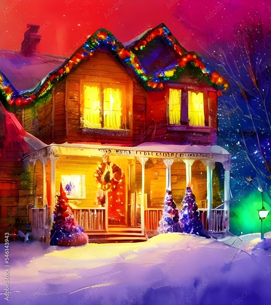 In the picture, there are colorful lights and decorations adorning a two-story house. A wreath hangs on the door, garland is wrapped around the banister, and lighted deer stand in the yard. Snow