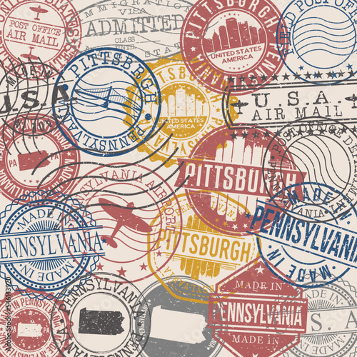 Pittsburgh  PA  USA Set of Stamps. Travel Stamp. Made In Product. Design Seals Old Style Insignia.