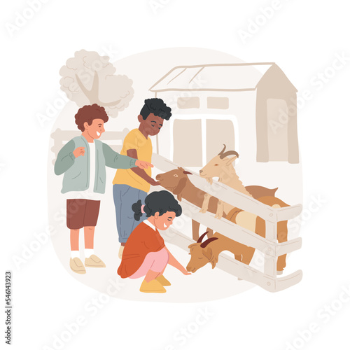 Animal farm trip isolated cartoon vector illustration. Learn through experience, students feed animals, farming activity, class field trip to rural farm, visit countryside vector cartoon.