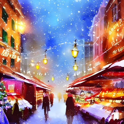 The air is crisp and the lights are twinkling. The market stalls are laden with goodies, and the laughter of children can be heard in the distance. It's a magical evening at the Christmas market.