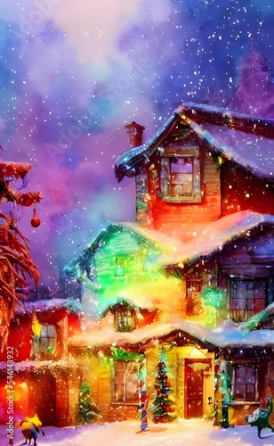 The house is decorated with lights and garland. A giant wreath hangs on the front door, and a tree stands in the living room window, flanked by two presents. © dreamyart