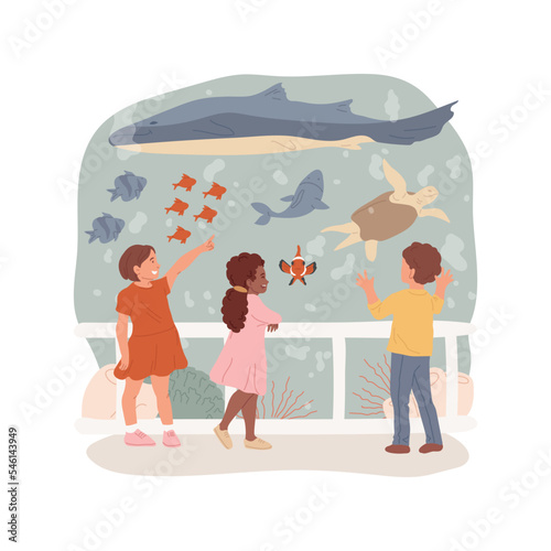 Aquarium trip isolated cartoon vector illustration. Children observe fish through glass, aquarium field trip, ocean wildlife experience, aquatic life, oceanarium school tour vector cartoon.