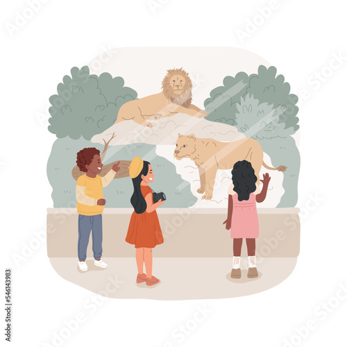 Zoo trip isolated cartoon vector illustration. Group of children watching wild animal behind the fence, wildlife experience, petting zoo class field trip, elementary school tour vector cartoon.