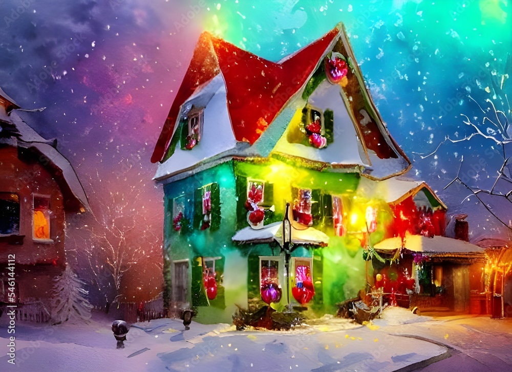 It's a cold winter night and the snow is falling gently outside. The house is lit up with Christmas lights, and there are decorations in all the windows. A wreath hangs on the door, and a big tree sta It's a cold winter night and the snow is falling gently outside. The house is lit up with Christmas lights, and there are decorations in all the windows. A wreath hangs on the door, and a big tree sta