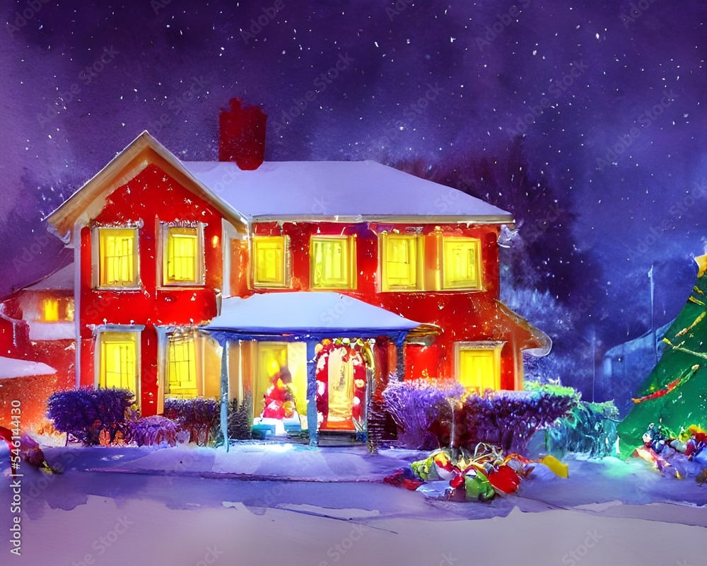 The house is decorated with various Christmas decorations. There is a string of lights around the edge of the roof, and a wreath on the door. Garland is draped across the windows, and there are two la