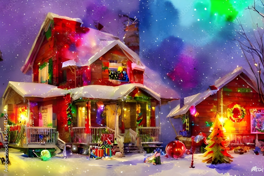 The house is decorated for Christmas with a string of lights around the roofline and a wreath on the front door. There is snow on the ground, and in the distance there are more houses, also decorated 