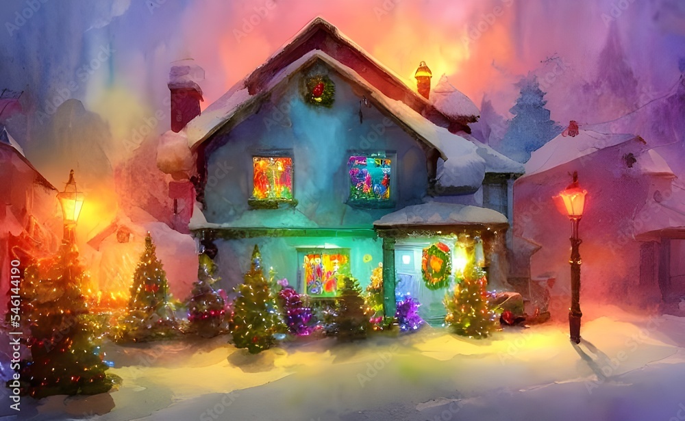 The house is decorated with lights and garland. A wreath hangs on the door, and there are presents piled under the tree. The house is decorated with lights and garland. A wreath hangs on the door, and there are presents piled under the tree.