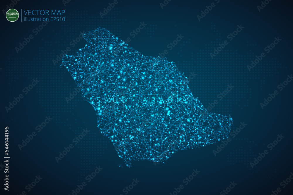 Map of Saudi Arabia modern design with abstract digital technology mesh polygonal shapes on dark blue background. Vector Illustration Eps 10.