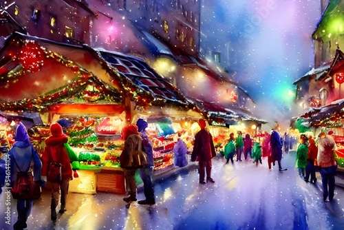 The Christmas market is open and people are milling around, looking at the stalls and enjoying the festive atmosphere. The air is full of the scent of mulled wine and spicy gingerbread. A group of car © dreamyart