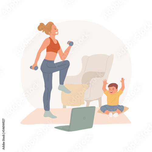 Online aerobics isolated cartoon vector illustration. Young mom doing online exercises and taking care of baby, modern motherhood, family life, physical activity at home vector cartoon.