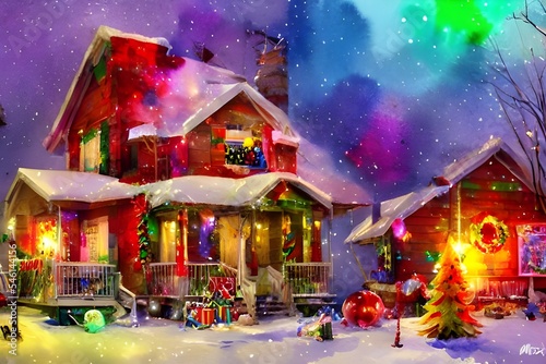 The house is decorated for Christmas with a string of lights around the roofline and a wreath on the front door. There is snow on the ground  and in the distance there are more houses  also decorated 