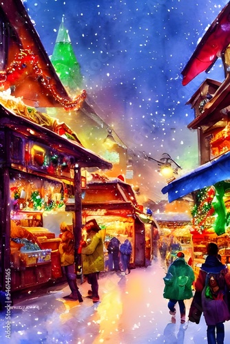 The Christmas market is bustling with people and the air is filled with the smell of roasted chestnuts. The stalls are decorated with fairy lights and there's a festive atmosphere in the air. © dreamyart