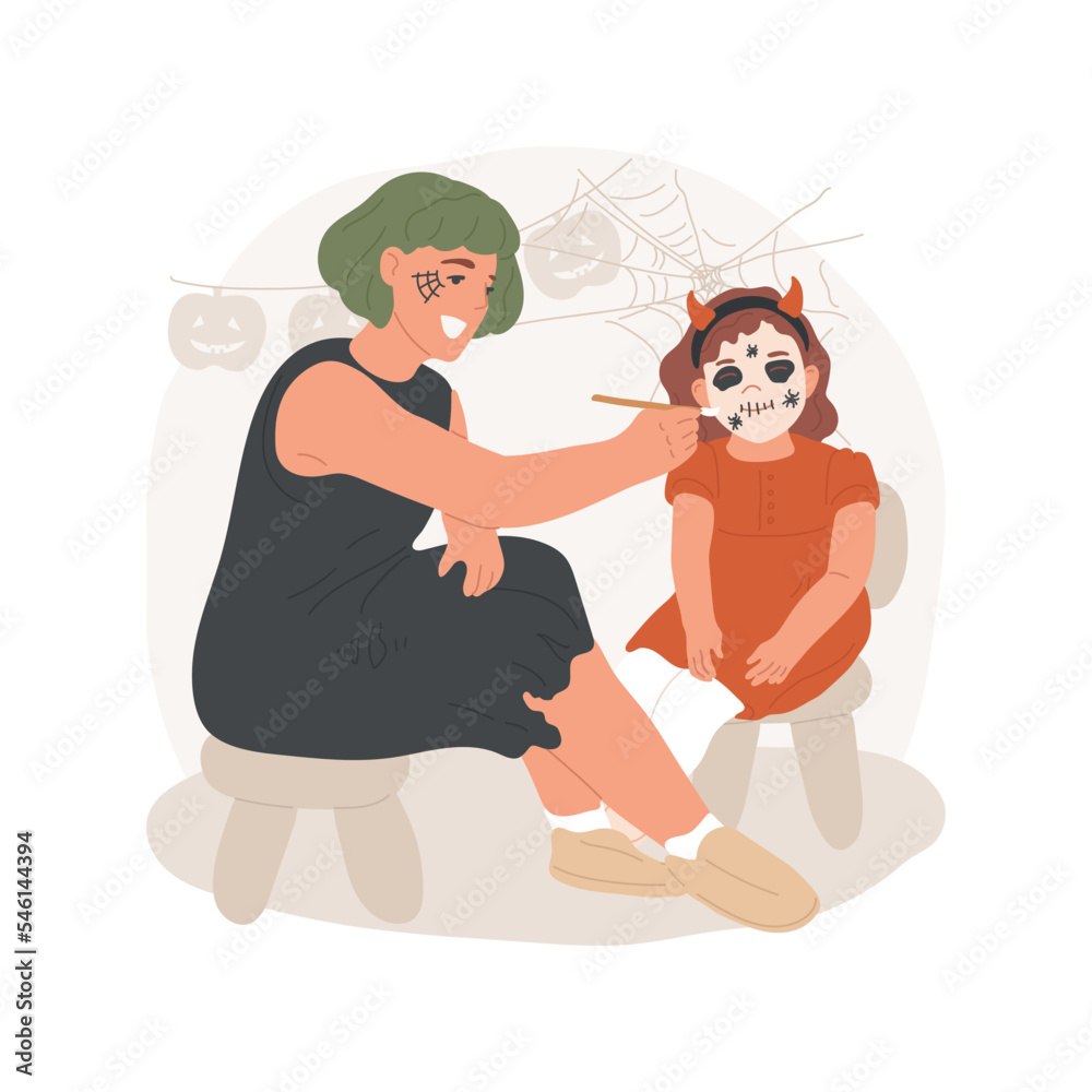 Face painting isolated cartoon vector illustration. Mall entertainer painting girls face, spooky Halloween art, scary makeup for children, shopping center fun activity, party vector cartoon. Face painting isolated cartoon vector illustration. Mall entertainer painting girls face, spooky Halloween art, scary makeup for children, shopping center fun activity, party vector cartoon.