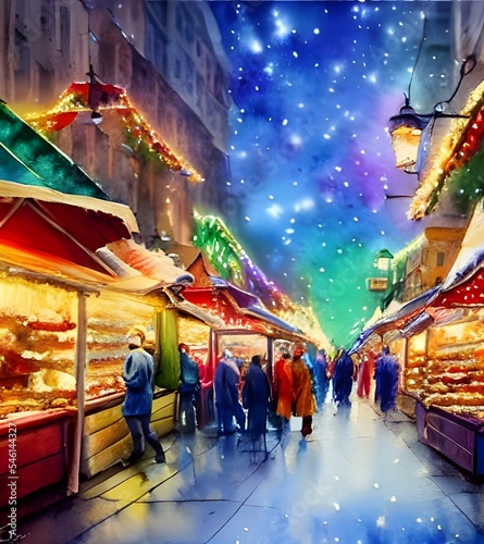 The Christmas market is full of people and lights. The air is crisp and the mood is festive. People are laughing and enjoying themselves as they stroll through the stalls, looking at all the different © dreamyart
