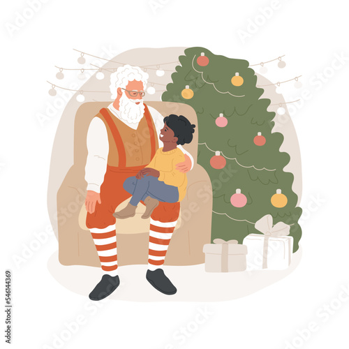 Make a wish isolated cartoon vector illustration. Kid sitting on Santas lap, making a wish about present, Christmas gifts, shopping mall activity for children, winter holiday vector cartoon.