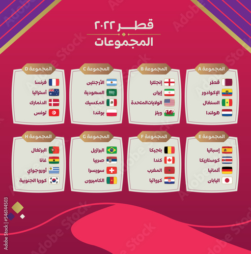 World Cup Qatar 2022 group stage graphic template Arabic. Flags of the countries participating set. Vector illustration.