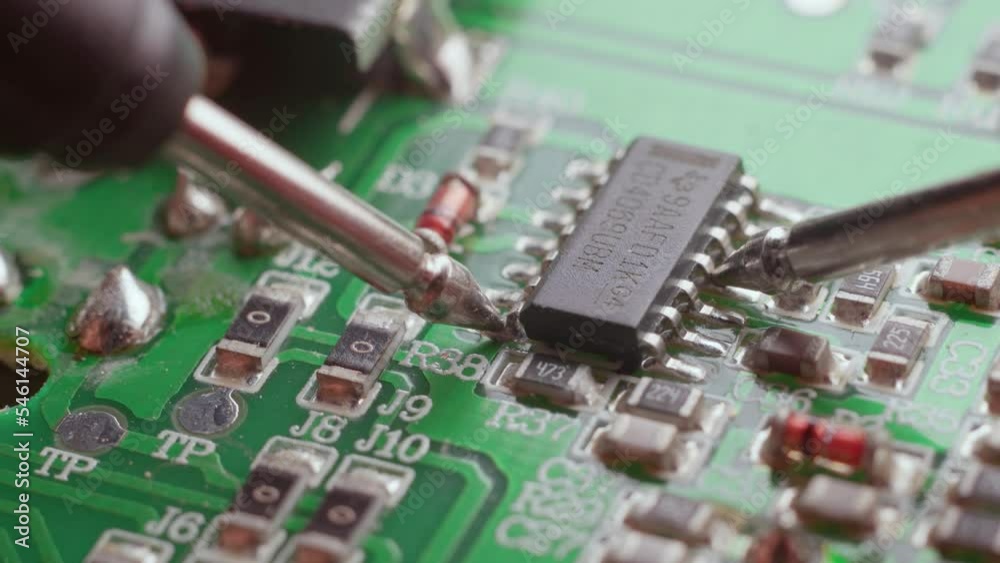 Diagnosing a faulty circuit board with a multimeter. Extreme close up Diagnosing a faulty circuit board with a multimeter. Extreme close up