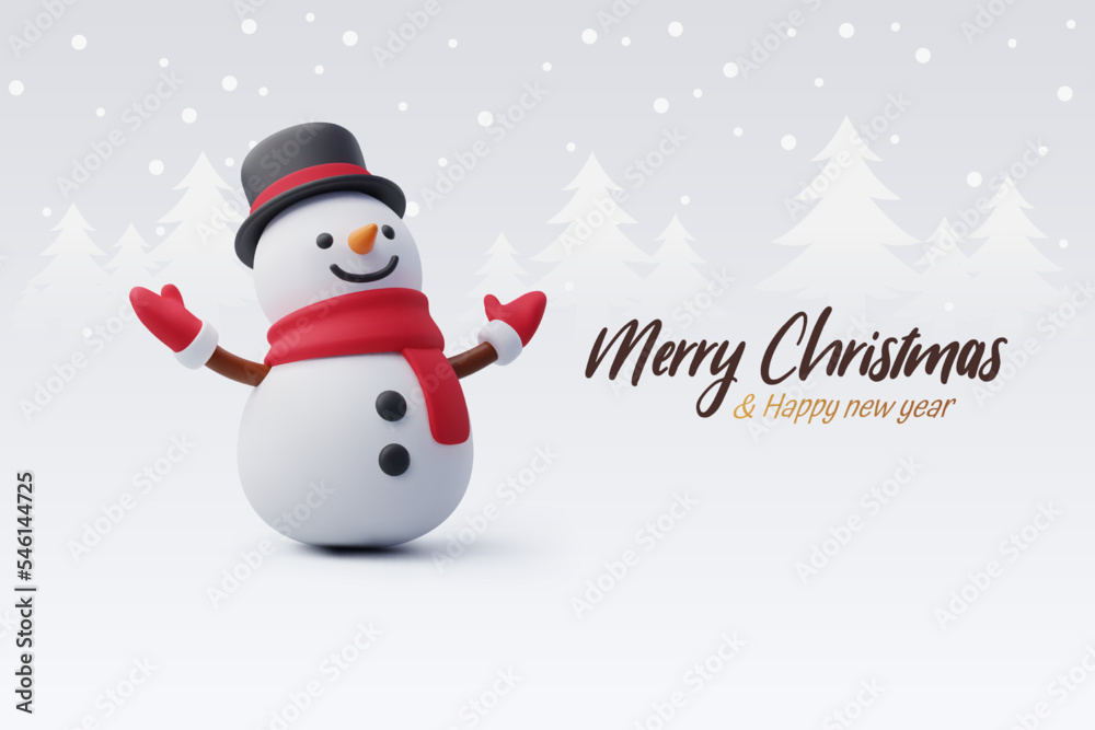3d Vector Cute Snowman, Merry Christmas Snowman or New Year greeting concept.