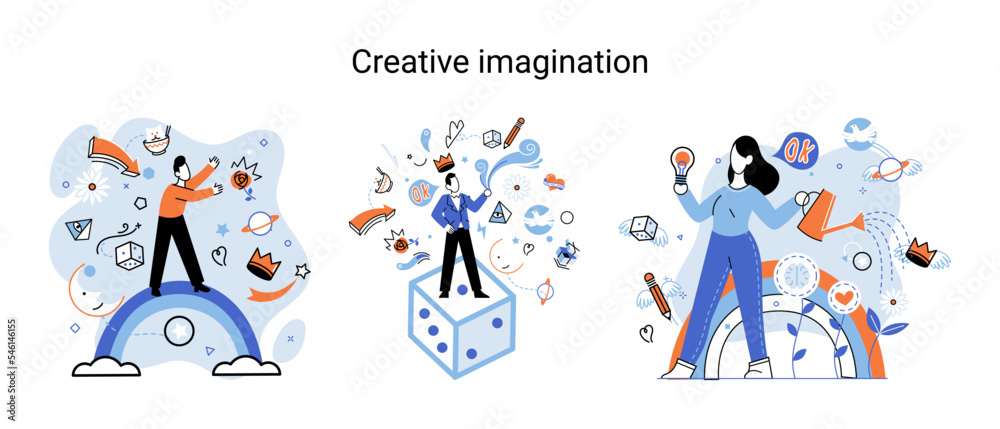 Creative mind, imagination or brainstorm or originative idea concept. Creative imagination. Phantasy space and creativity. Phantasy flow and creativity metaphor, fantasies in mind. Vision development