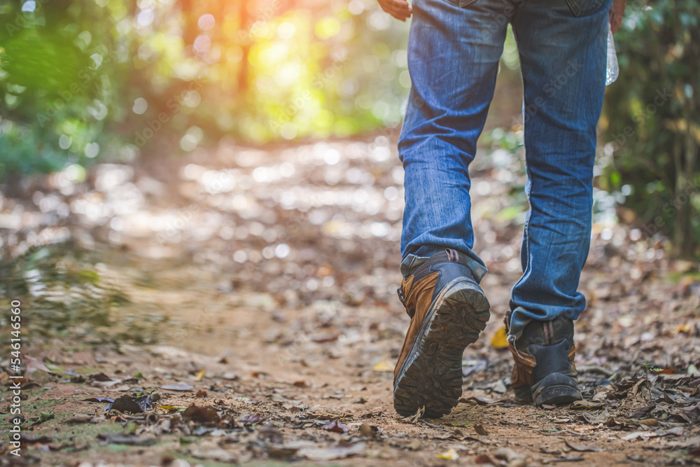 Feet of male hiker wearing boots to travel walking in a green forest. travel and hiking concept. Feet of male hiker wearing boots to travel walking in a green forest. travel and hiking concept.