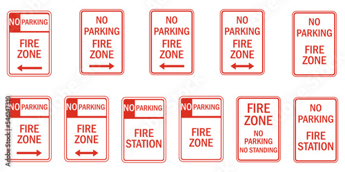 Parking sign and label no parking fire zone set vector