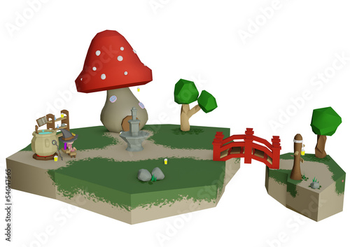 Mushroom tree and lands 3D rendering on white background