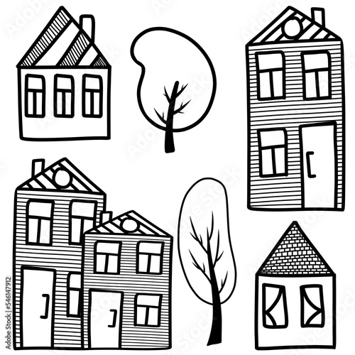 Vector set of houses in the doodle style black and white coloring of houses and trees