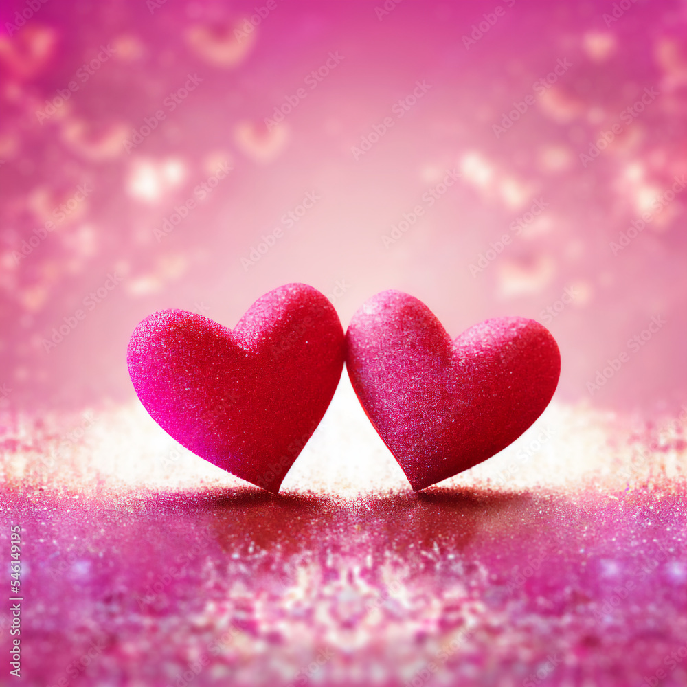hearts on a red background, valentines card, Two Hearts On Pink Glitter In Shiny Background - Valentine's Day Concept