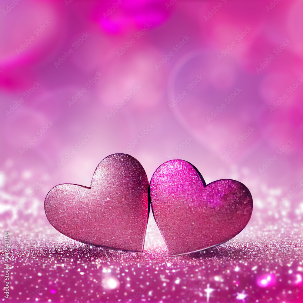 Obraz premium hearts on a red background, valentines card, Two Hearts On Pink Glitter In Shiny Background - Valentine's Day Concept