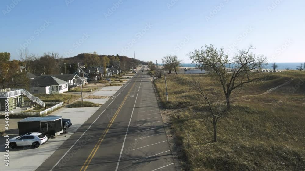 Southward view of beach Street at Pere Marquette beach in Muskegon.