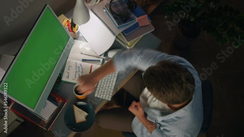 Excited person yes gesturing at night place closeup. Freelancer winning project