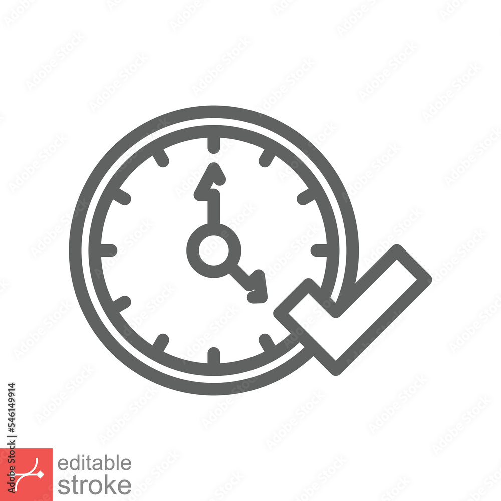 Check mark on clock icon. Simple outline style. Real time protection, perfect hour, circle watch, timer concept. Thin line vector illustration isolated on white background. Editable stroke EPS 10. Check mark on clock icon. Simple outline style. Real time protection, perfect hour, circle watch, timer concept. Thin line vector illustration isolated on white background. Editable stroke EPS 10.
