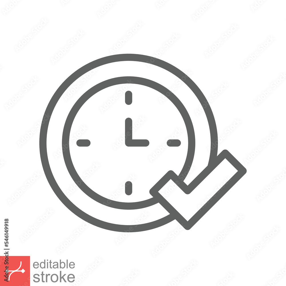 Check mark on clock icon. Simple outline style. Real time protection, perfect hour, circle watch, timer concept. Thin line vector illustration isolated on white background. Editable stroke EPS 10. Check mark on clock icon. Simple outline style. Real time protection, perfect hour, circle watch, timer concept. Thin line vector illustration isolated on white background. Editable stroke EPS 10.