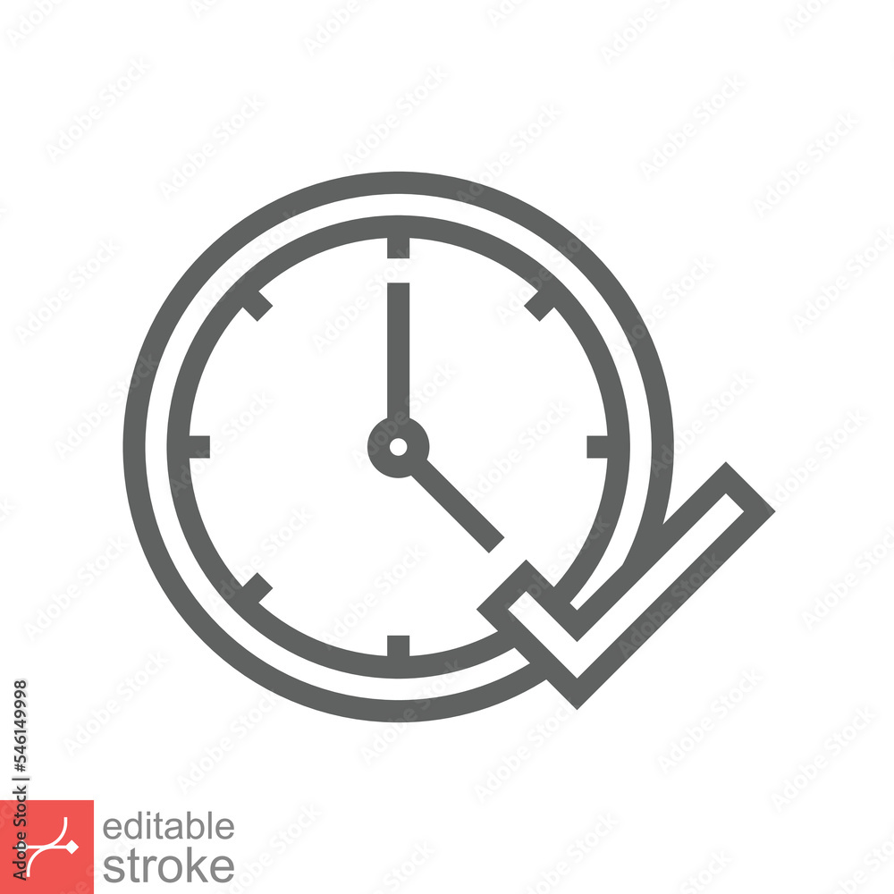 Check mark on clock icon. Simple outline style. Real time protection, perfect hour, circle watch, timer concept. Thin line vector illustration isolated on white background. Editable stroke EPS 10. Check mark on clock icon. Simple outline style. Real time protection, perfect hour, circle watch, timer concept. Thin line vector illustration isolated on white background. Editable stroke EPS 10.