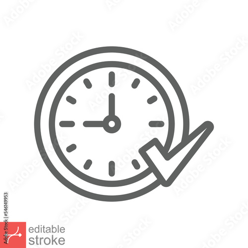Check mark on clock icon. Simple outline style. Real time protection, perfect hour, circle watch, timer concept. Thin line vector illustration isolated on white background. Editable stroke EPS 10.