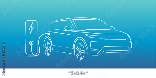 Electric SUV car with charging station by drawing sketch line white isolated on colorful blue green gradient background. Vector illustration.