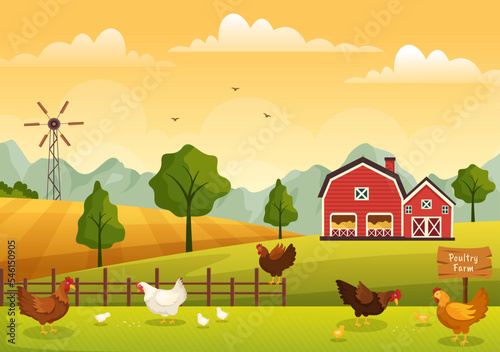 Poultry Farming with Farmer, Cage, Chicken and Egg Farm on Green Field Background View in Hand Drawn Cute Cartoon Template Illustration