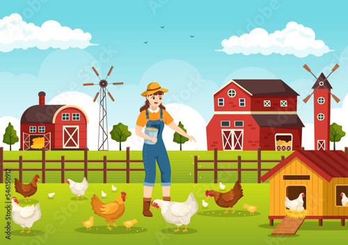 Poultry Farming with Farmer, Cage, Chicken and Egg Farm on Green Field Background View in Hand Drawn Cute Cartoon Template Illustration