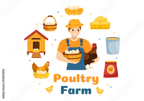 Poultry Farming with Farmer, Cage, Chicken and Egg Farm on Green Field Background View in Hand Drawn Cute Cartoon Template Illustration