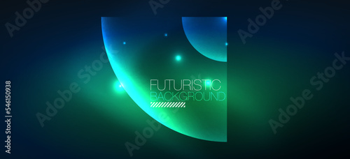 Shiny neon geometric abstract background. Glowing lights on round shapes, triangles and circles. Wallpaper for concept of AI technology, blockchain, communication, 5G, science, business