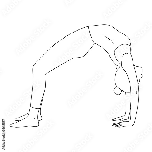 Line art of woman doing yoga in wheel pose vector.