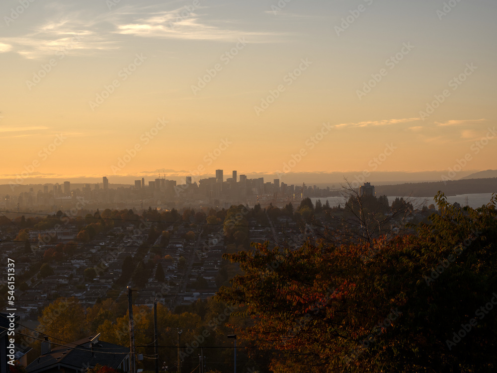 Beautiful sunset over the skyline of Vancouver during a November day in the fall