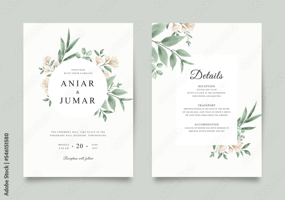 Elegant wedding invitation template with green flowers and leaves