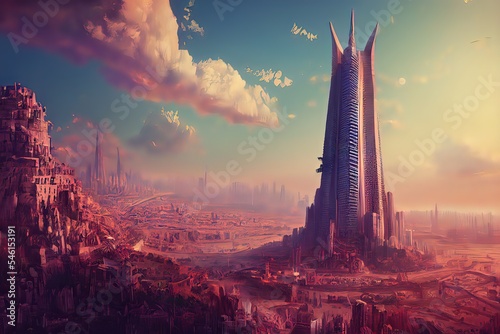 Canvastavla Tower of Babel as religion concept, Digital art style, illustration painting