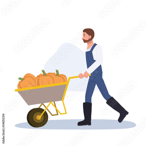 man farmer with a cart of pumpkin. Fresh harvest concept. Flat vector cartoon character illustration.