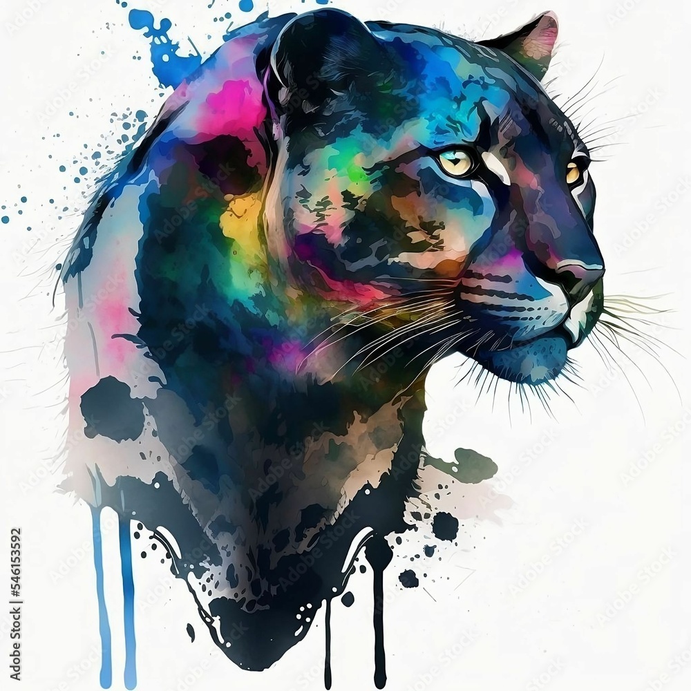Rainbow Colorful Watercolor Black Panther with Splatters and Dripping Paint Created Using